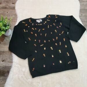 Victoria Harbour Vintage Black Knit Lock and Key Sweater, Size Medium